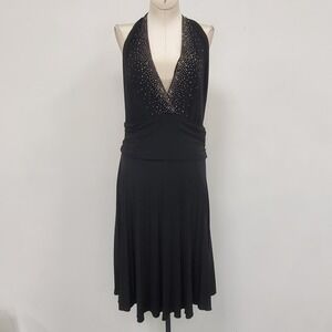 Vintage Varga Womens Plunge Babydoll Rhinestone Drape Back Dress Size M Black
